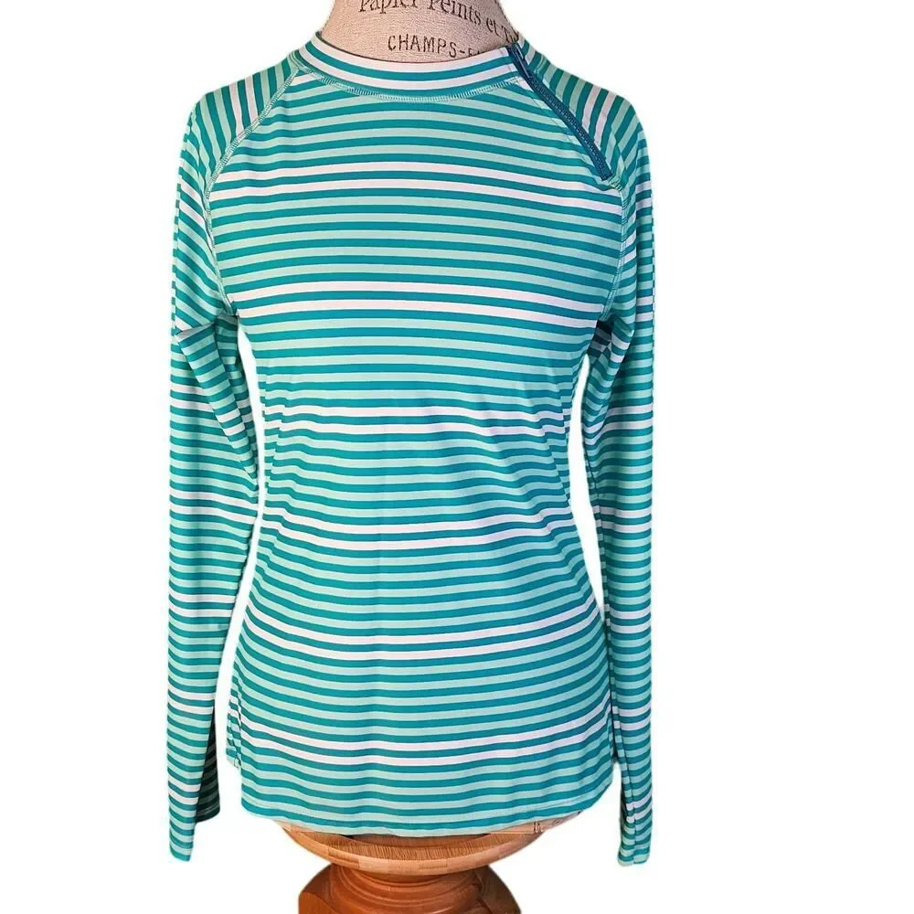 NWOT Cabana Life Green White Striped Zipper Rashguard Long Sleeve Shirt Large
